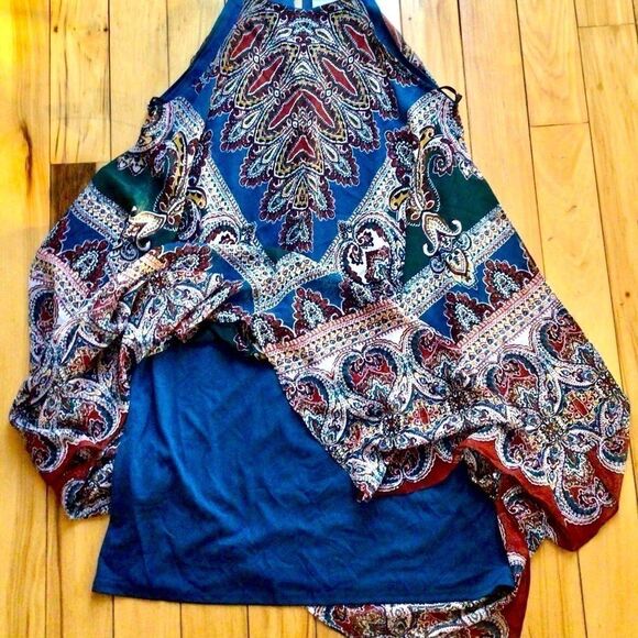 FESTIVAL NIGHT RIDER BOHO KERCHIEF HEM DRESS - TRUE TEAL/TAN 8 NWT - Picture 14 of 16